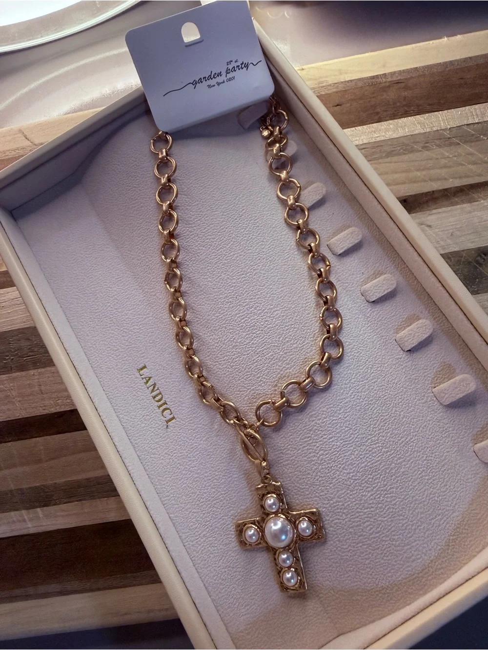 Gold-Tone Pearl Cross Necklace by Garden Party